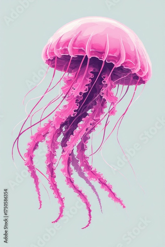 Illustration of a pink jellyfish with long tentacles floating against a light blue background.