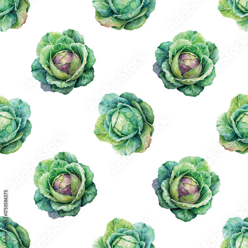 Green Cabbage Botanical Vegetable Vector Watercolor Seamless Pattern