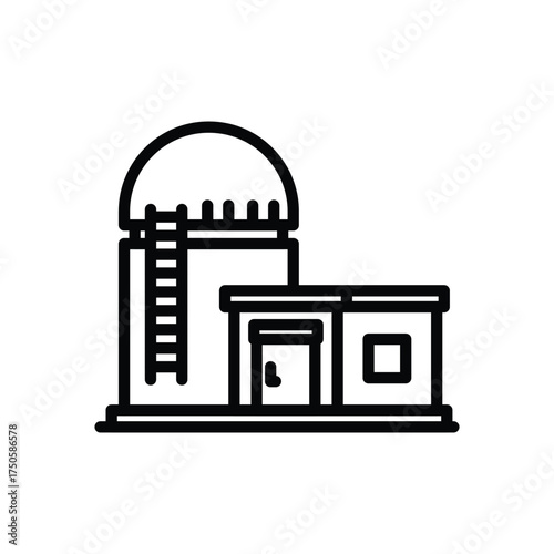 A simplified blackandwhite line drawing of a farm building with a silo and attached shed