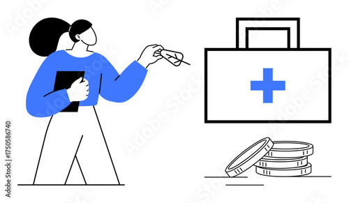 Person holding clipboard and pair of glasses near medical kit and coins. Ideal for healthcare, finance, insurance, budgeting, savings, medical aid, economic cost analysis. Simple flat metaphor