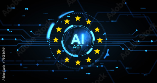 European Union AI Act hologram concept with glowing digital circuit background and EU stars around futuristic interface globe symbolizing regulation. 3D Rendering