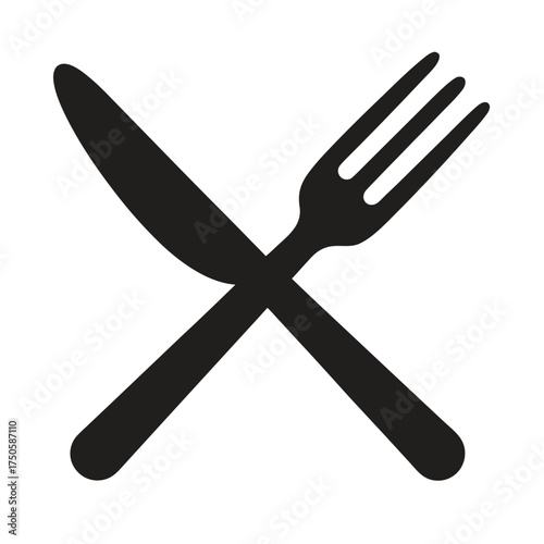 Simple black and white illustration of a crossed fork and knife