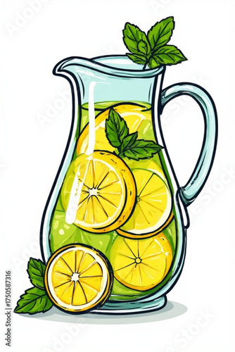 Illustration of a glass pitcher filled with lemonade, lemon slices, and mint leaves.