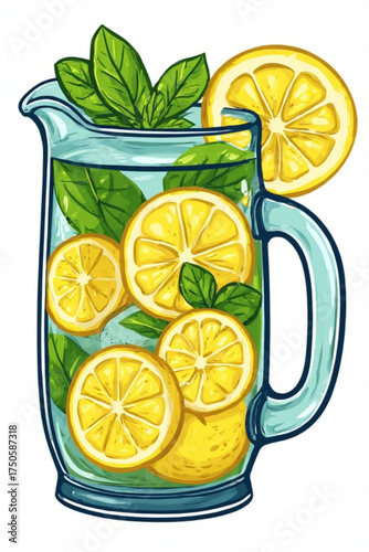 A refreshing pitcher of lemonade with lemon slices and mint leaves.