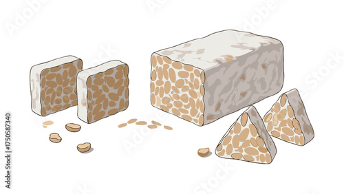 Artistic Illustration of Fresh Tempeh - Rectangular and Triangular Slices with Soybeans.