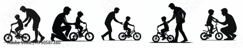 vector silhouette of father teaching child to ride a bicycle