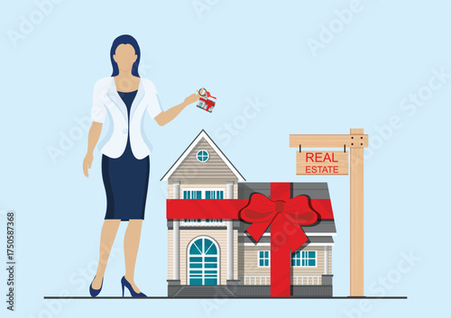 Real estate agent holding a house key for property business.