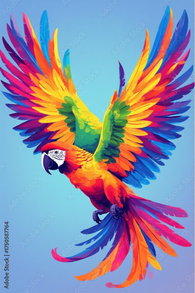 Obraz premium A vibrant, colorful parrot with outstretched wings, soaring against a gradient blue backdrop, showcasing its plumage.