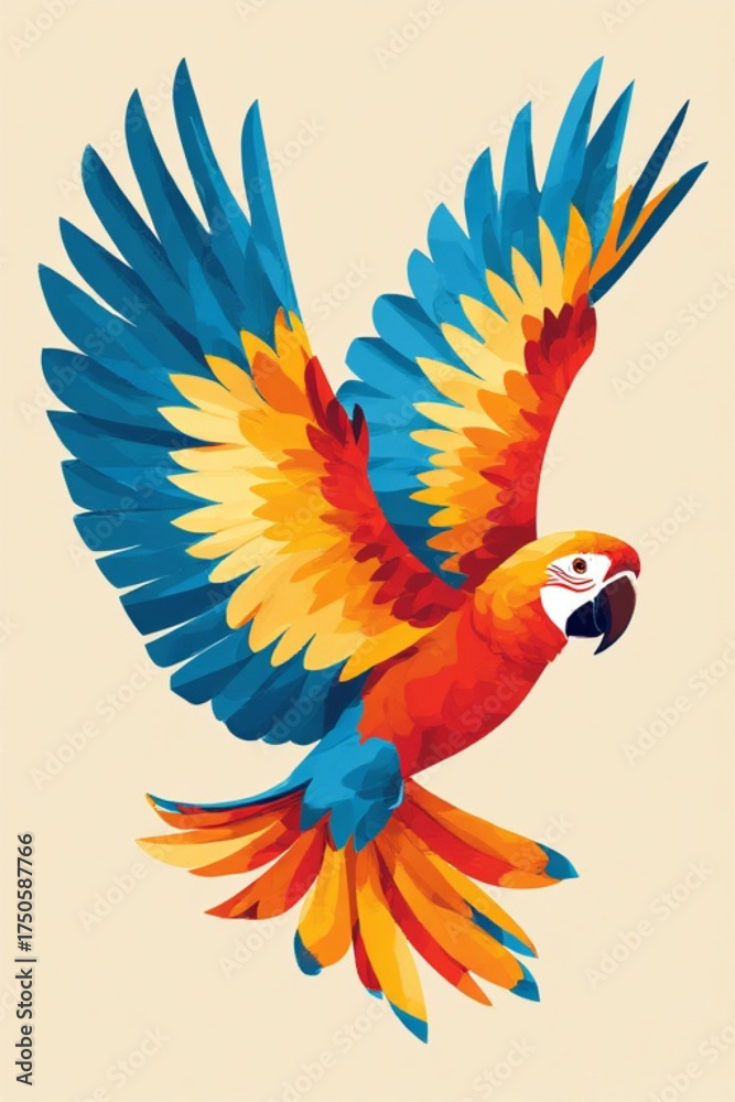 Fototapeta premium A vibrant illustration of a macaw parrot in mid-flight, wings spread wide.