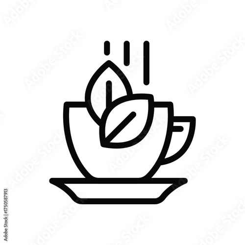 Black outline drawing of a teacup on a saucer with two leaves steaming stylized in a simple design