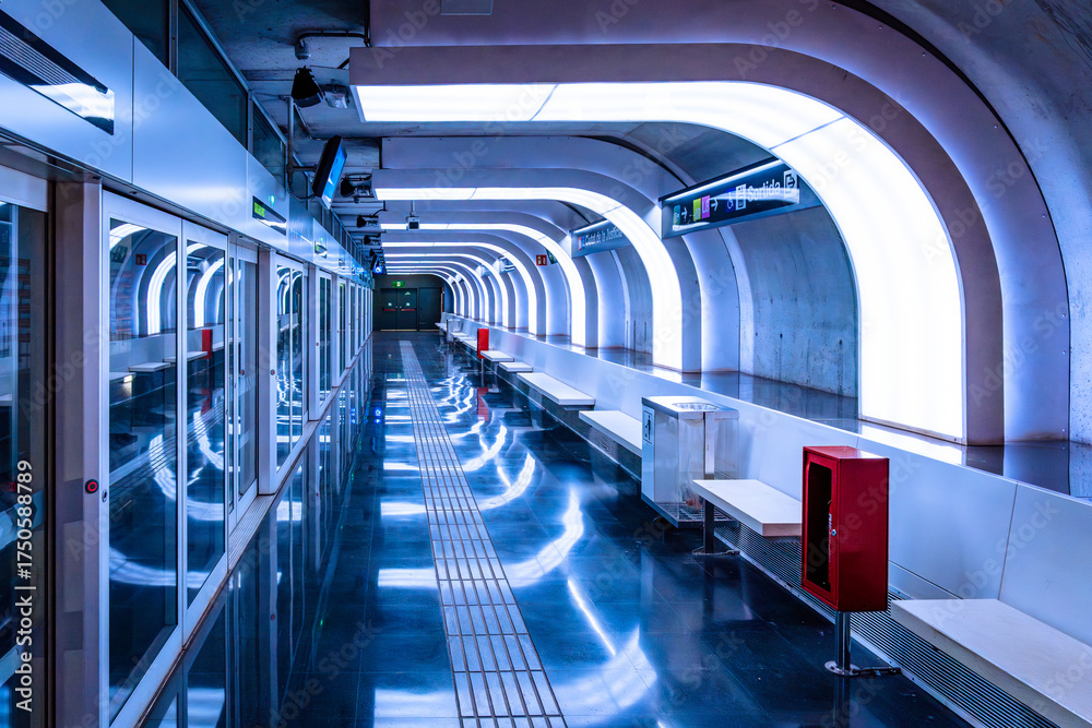 Obraz premium Hospitalet metro station platform, empty, modern and futuristic, with blue ambient lighting and protective doors for train access. Barcelona.