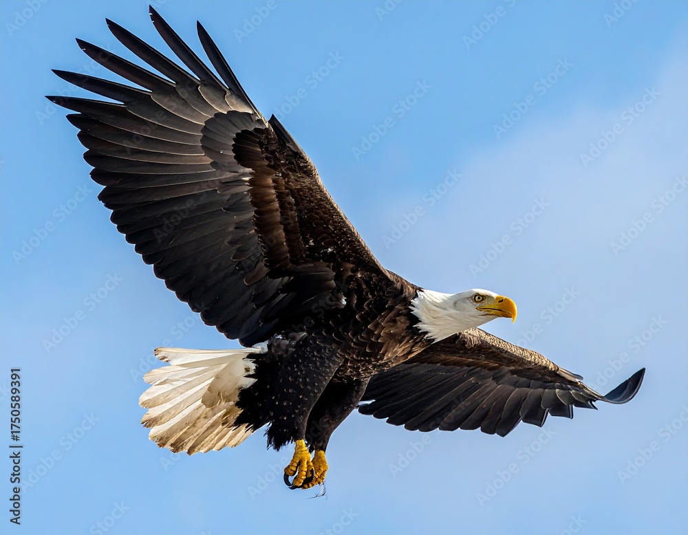 Fototapeta premium Majestic bald eagle soaring through a bright blue sky with wings spread wide, showcasing its powerful presence and elegance