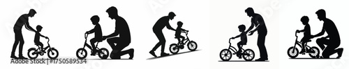 vector silhouette of father teaching child to ride a bicycle