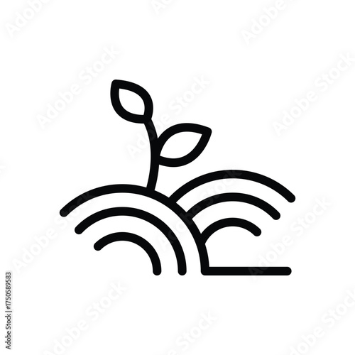 Simple line drawing of a small plant with two leaves growing on a field of layered curved ground
