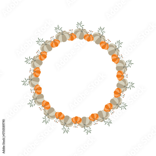 Wreath for Thanksgiving celebration with pumpkins and leaf Vector holiday illustration Decor for October 31st
