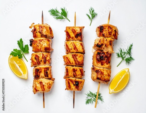 Grilled chicken kebabs on skewers with lemon wedges and parsley, top-down view on white background.