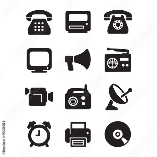 Collection of Communications and Media Icons Telephone, Television, and Radio Illustrations for Various Applications
