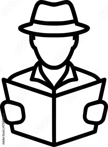 Silhouette of a man in a hat with a newspaper sign, symbol, vector, art