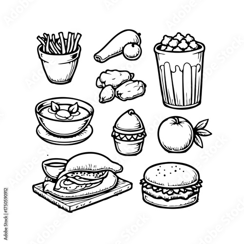 A delectable assortment of sketched food items showcasing a variety of tasty treats and culinary