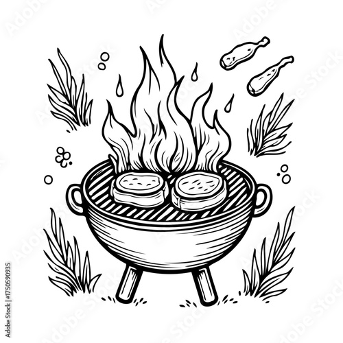 A delightful hand drawn illustration of a barbecue with sizzling patties under rising flames