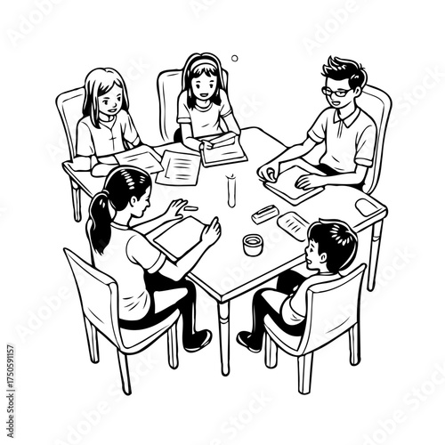 A group of students gathers around a table engaged in collaborative study and learning process