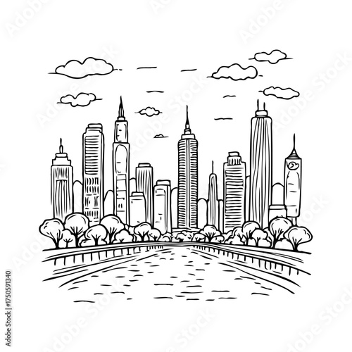 A picturesque cityscape illustration showcasing impressive tall buildings and reflective water