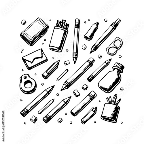 A playful and hand-drawn assortment of art supplies scattered creatively across a white background