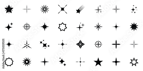 Sparkle icons, black glowing vector, minimal star icons. Sparkles shine icon, Vector illustration of stars set isolated on white background