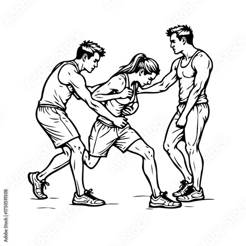 A trio of figures engaged in physical movement showcasing support interaction and coordination