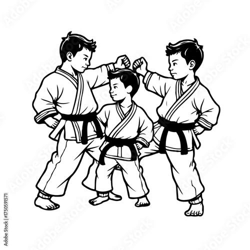 A trio of young martial artists demonstrates focus and discipline in their training session black