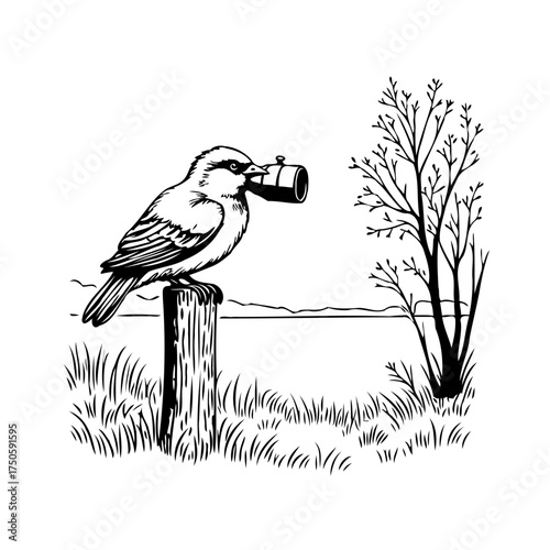 A whimsical bird perches holding a canister in its beak by a withered tree creating a peaceful scene