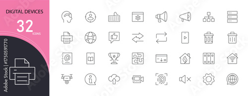 Digital devices related icons set including computer, laptop, smartphone, tablet, smartwatch, monitor, printer, and keyboard. Editable stroke and modern outline icons perfect for tech, UI, and gadget.
