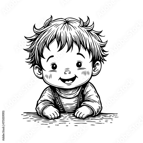 Adorable toddler illustration with playful linework evoking childhood innocence and joyful