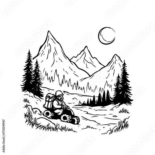 Adventurous exploration on an atv through mountainous terrain surrounded by pine forests beneath a