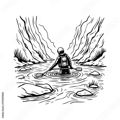 Adventurer navigates through rocky river passage exploring uncharted territories surrounded by