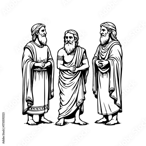 Ancient philosophical group discussion depiction in detailed line art style representing history