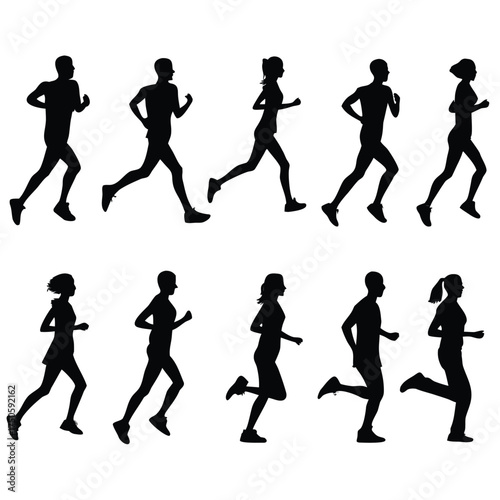 Silhouettes of people running illustrating different stages of a running stride
