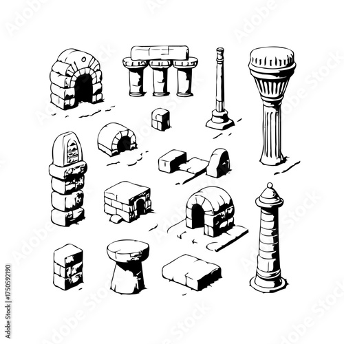 Architectural fantasy structures a collection of stylized monuments ruins and pillars drawn in