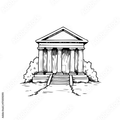 Architectural illustration of neoclassical building facade with prominent columns and surrounding