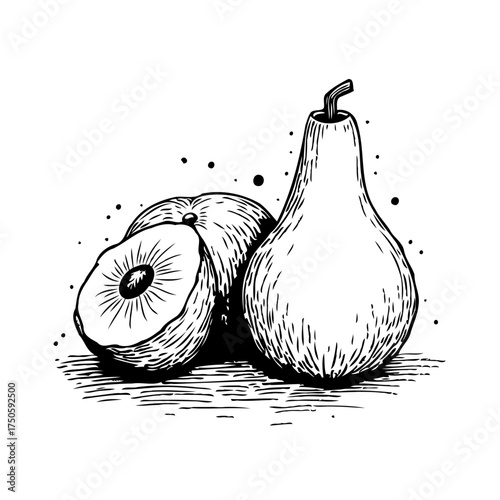 Artistic rendering of sliced plum and pear evokes rustic charm and timeless appeal a delightful