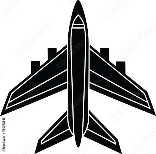 Top view airplane silhouette vector design, minimal jet aircraft, flat black aviation illustration