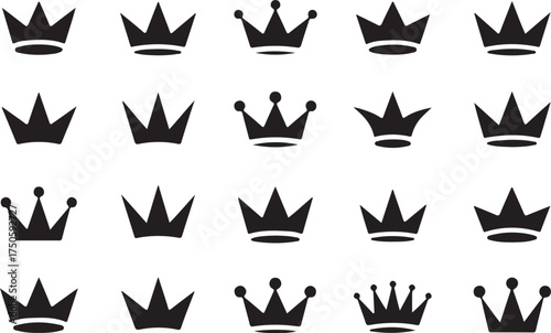 Set of elegant black crown icons for royalty and luxury designs