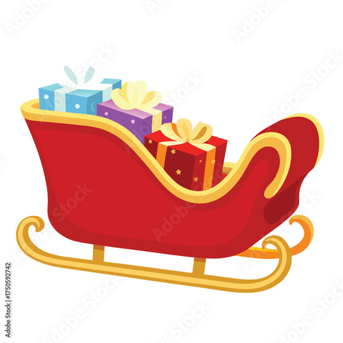 A red sleigh overflowing with brightly colored gift boxes and bows