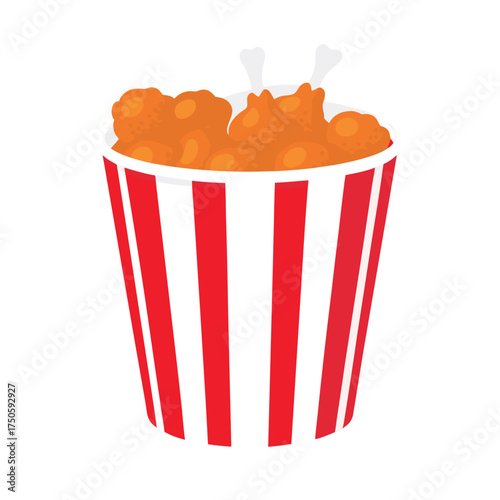 A red and white striped bucket filled with golden fried chicken pieces