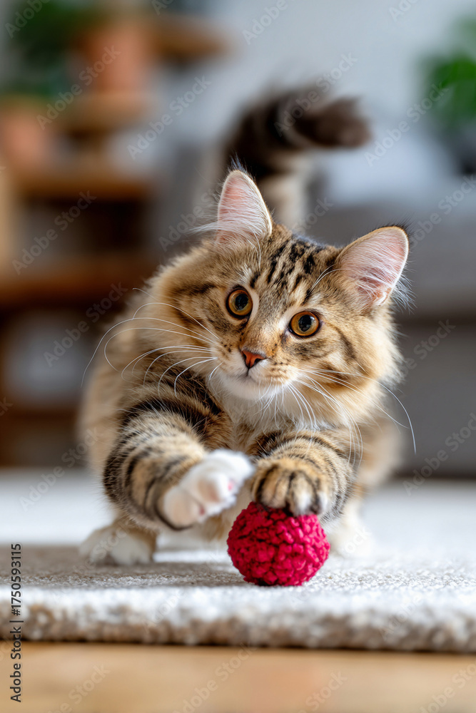 Obraz premium Long-haired cat playing with red yarn ball indoors