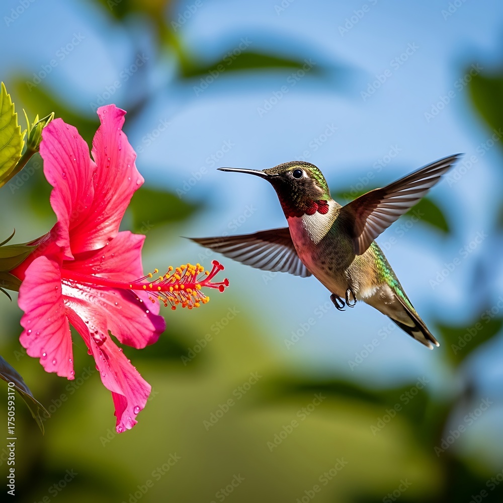 Fototapeta premium Hummingbird Hovering Near a Vibrant Pink Hibiscus Flower in Natural Light.