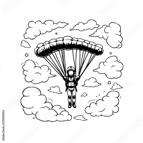 Black and white line drawing of a skydiver descending through fluffy clouds illustration design