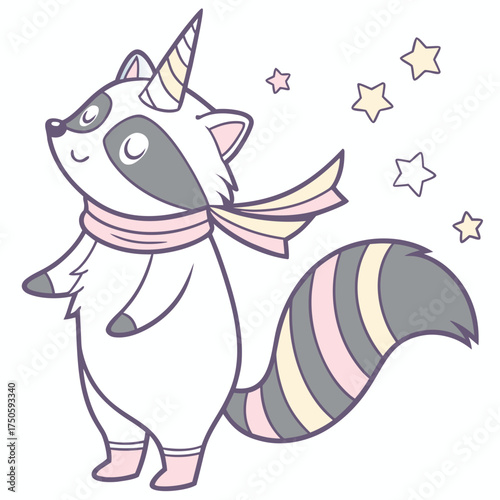 Cute Dreamy Raccoon, accessorized with with a scarf, in a Unicorn Dreams world – Unicorn Dreams palette vector