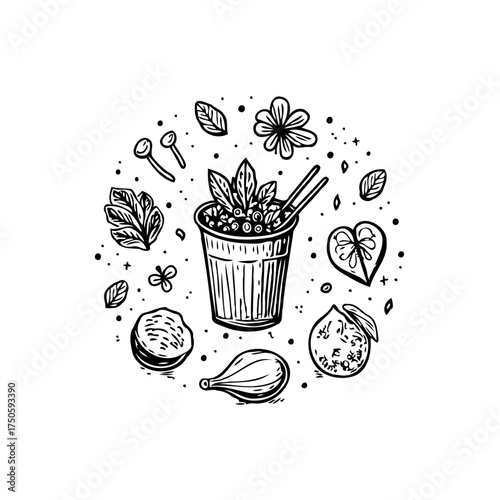 Botanical Elixir Delight: A Black and White Hand-Drawn Medley of Freshness and Natural Beauty on a