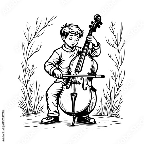 Boy immersed in musicality with his cello in monochrome whimsical forest surrounding tranquility